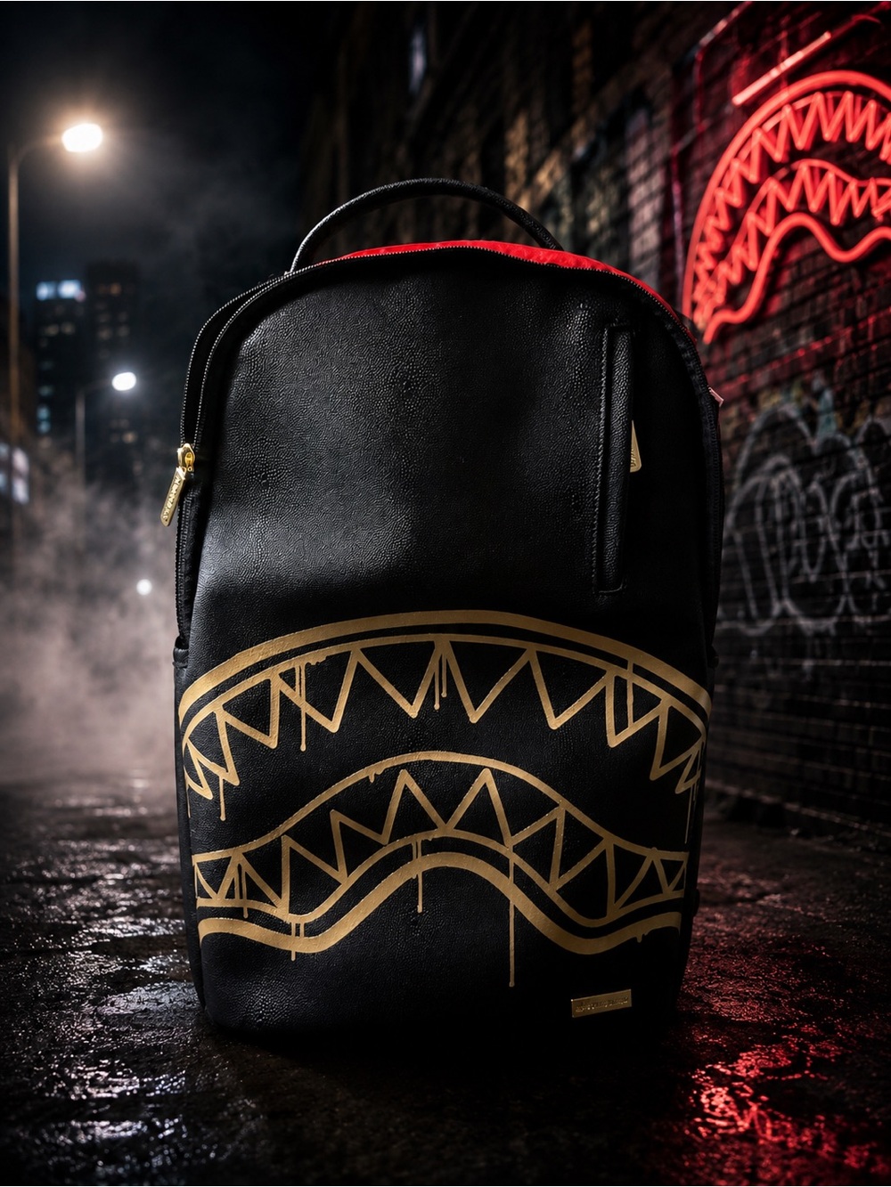 Black Backpack with Gold Graphic Detail and Red Trim